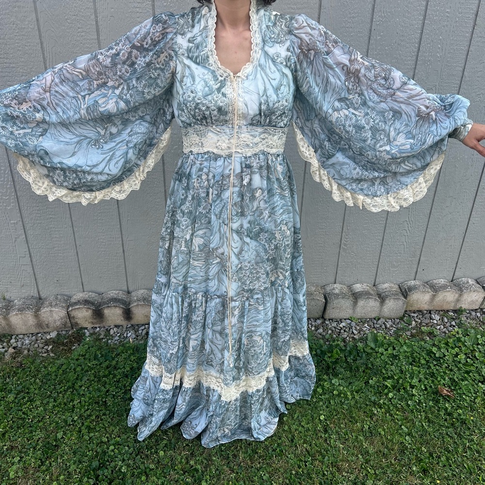 Gunne Sax Blue and Cream Maxi Dress